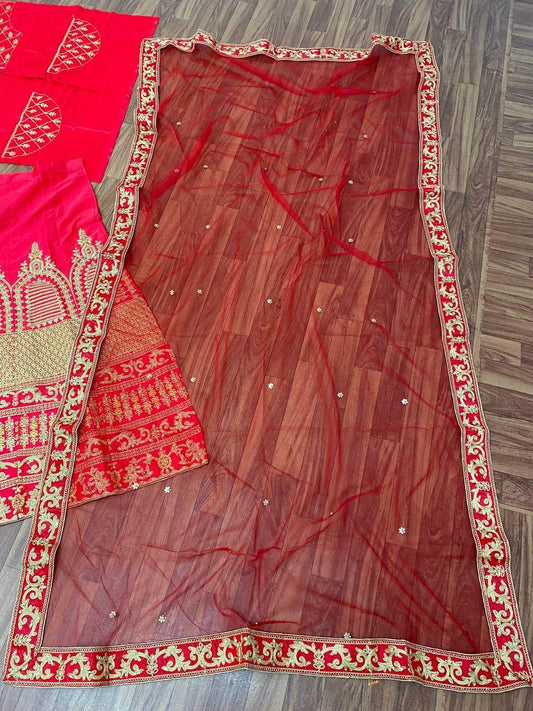 Bandhani, Embroidered, Self Design, Leheriya Semi Stitched Lehenga Choli (Red) - TheGooBuy