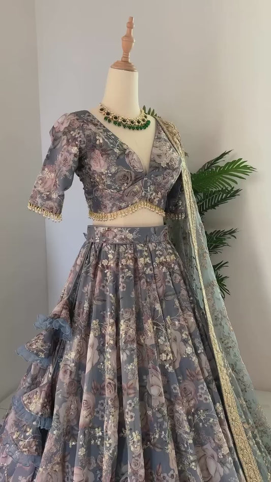 Multi Color Satin Silk Wedding Wear Sequence Work Lehenga Choli