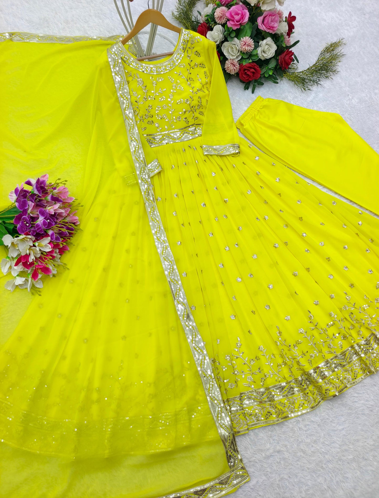 Heavy Fox Georgette Gown-Pant Dupatta Set