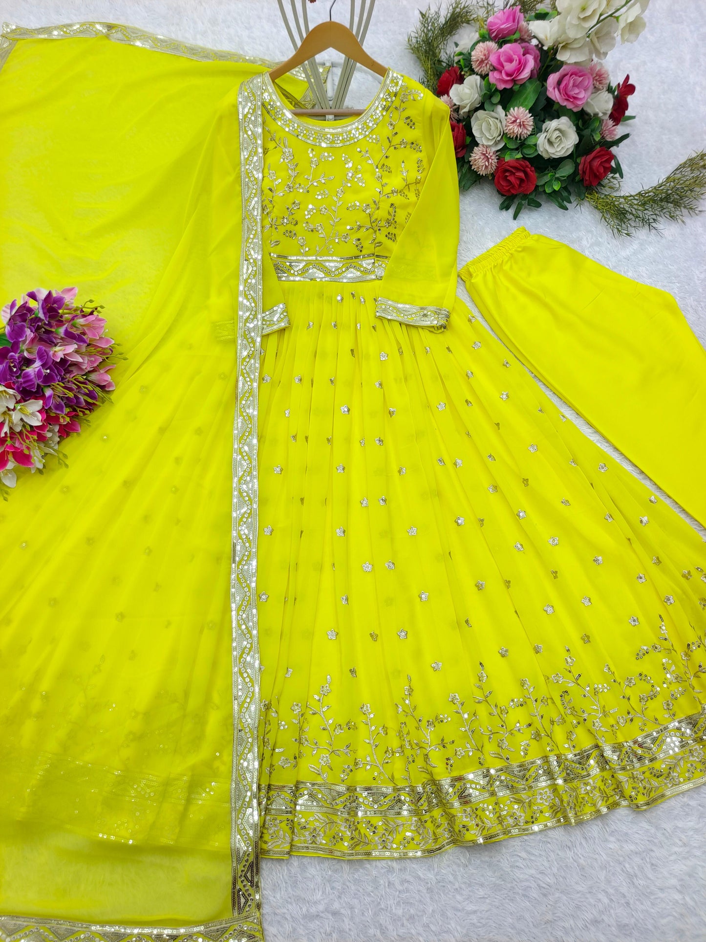 Heavy Fox Georgette Gown-Pant Dupatta Set