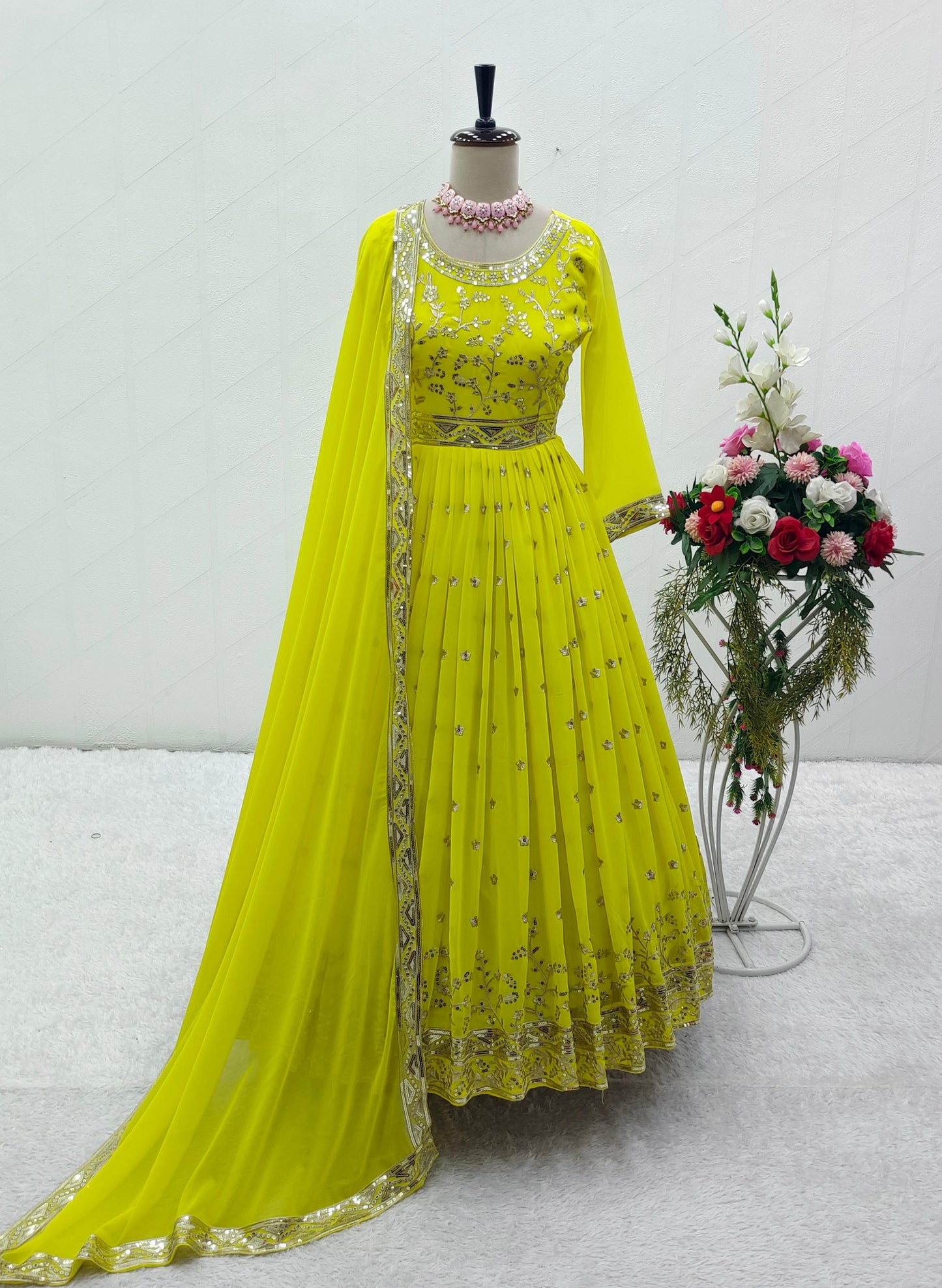 Heavy Fox Georgette Gown-Pant Dupatta Set