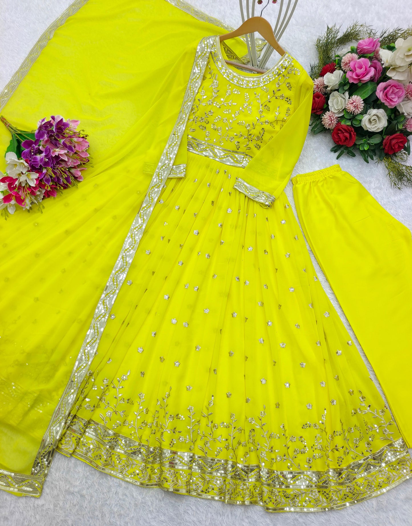 Heavy Fox Georgette Gown-Pant Dupatta Set